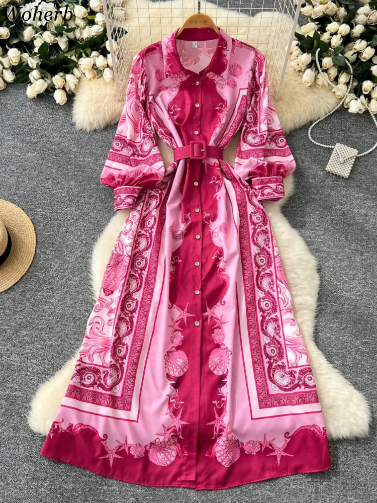 Bohemian Print Dresses Women Single Breasted Belt Tunic Robe Femme 2024 Vestidos De Mujer Fashion Lantern Sleeve Maxi Dress WJ