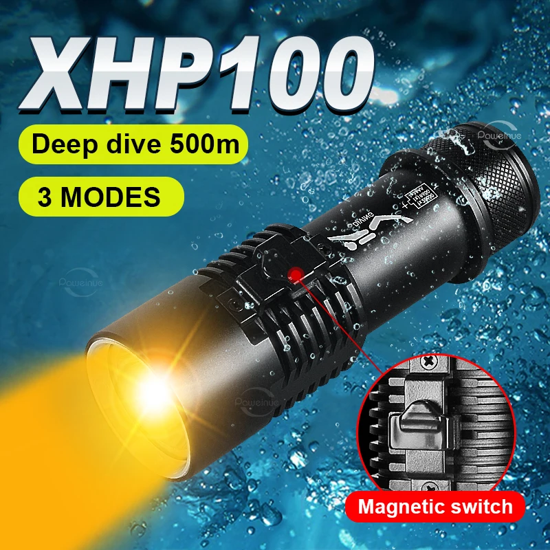 

Upgrade XHP100 Professional Diving Flashlight Powerful Underwater Lamp IP68 Waterproof LED Flashlights Yellow Light Diving Torch