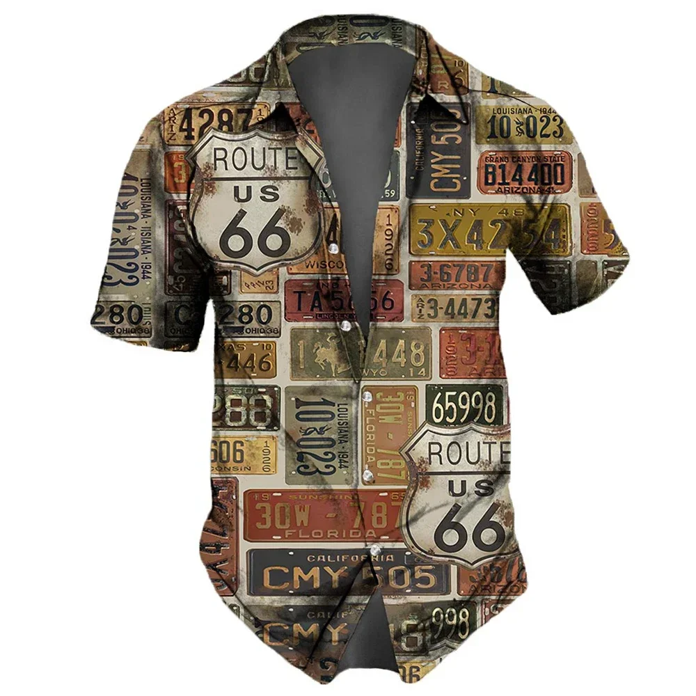 Chemises Vintage à Manches Courtes pour Homme, Imprimé Route 66, Vêtements d'Été à Motif de Repères Américains, Streetwear