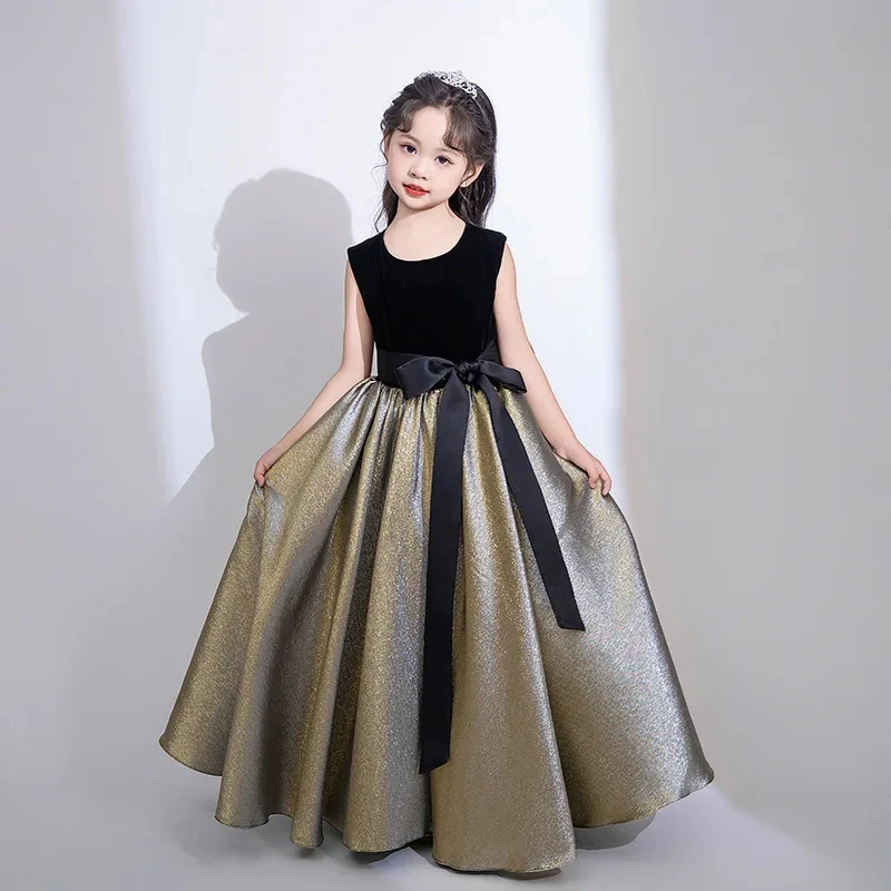 Customized Flower Girl Dress For Wedding Bow Satin Sleeveless High Waist Floor Length Elegant Kids Birthday First Communion Gown