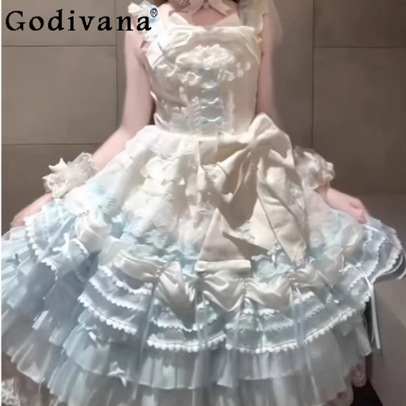 

New Elegant Blue White Sweet Lolita Suspender JSK Christmas Princess Dress Fashion High Waist A-line Lace Bow Cake Fairy Dresses