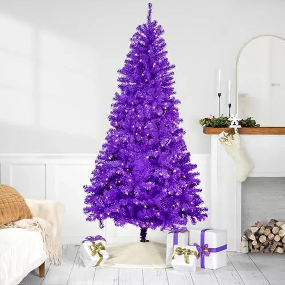 7' Pre-Lit Purple Artificial Pine Christmas Tree Clear Lights 1320 Tips Full Lush Look Easy Assembly 350 Lights Glam Decor