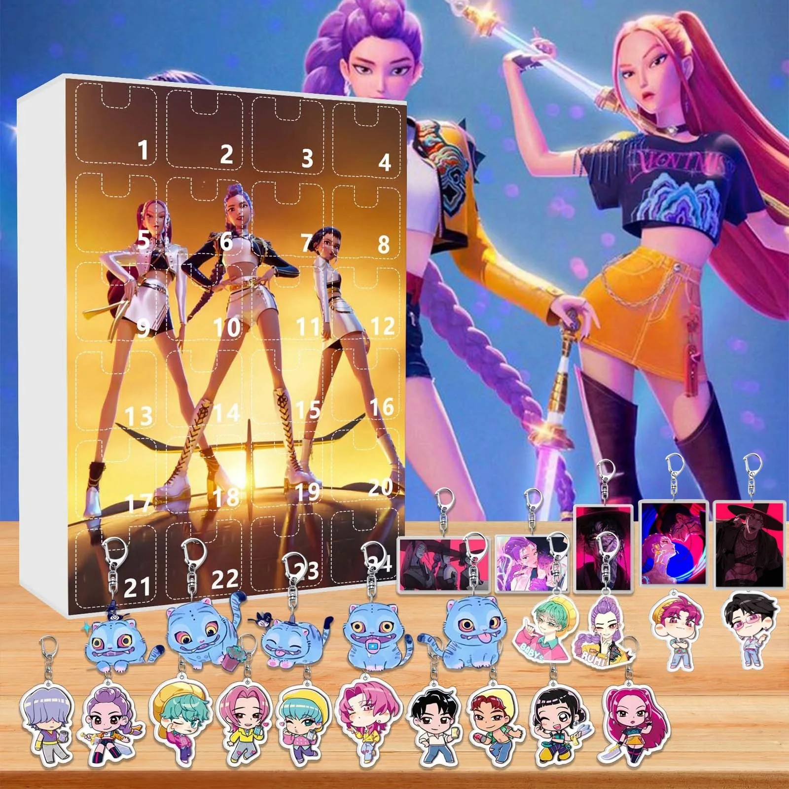 

KPop Demon Hunters 24pcs Advent Calendar Box Kawaii Acrylic Keychain HUNTR X Rumi Mira Zoey Jinu Kid Surprise Box Toy Gift
