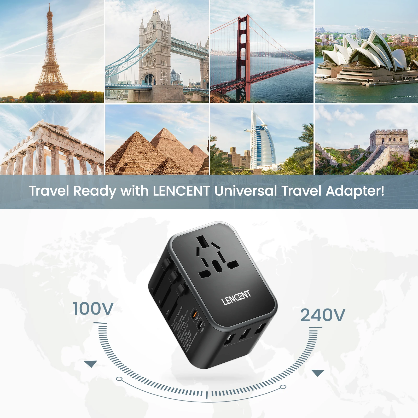 LENCENT 65W/45W/30W GaN Universal Travel Adapter with USB-A and Type C Fast Charging Power Adapter EU/UK/USA/AUS Plug for Travel