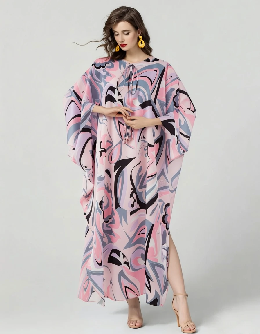 Women's Pink Abstract Print Maxi Dress Lace Up Tassels Boho Beach Fashion Long Robes Outwear