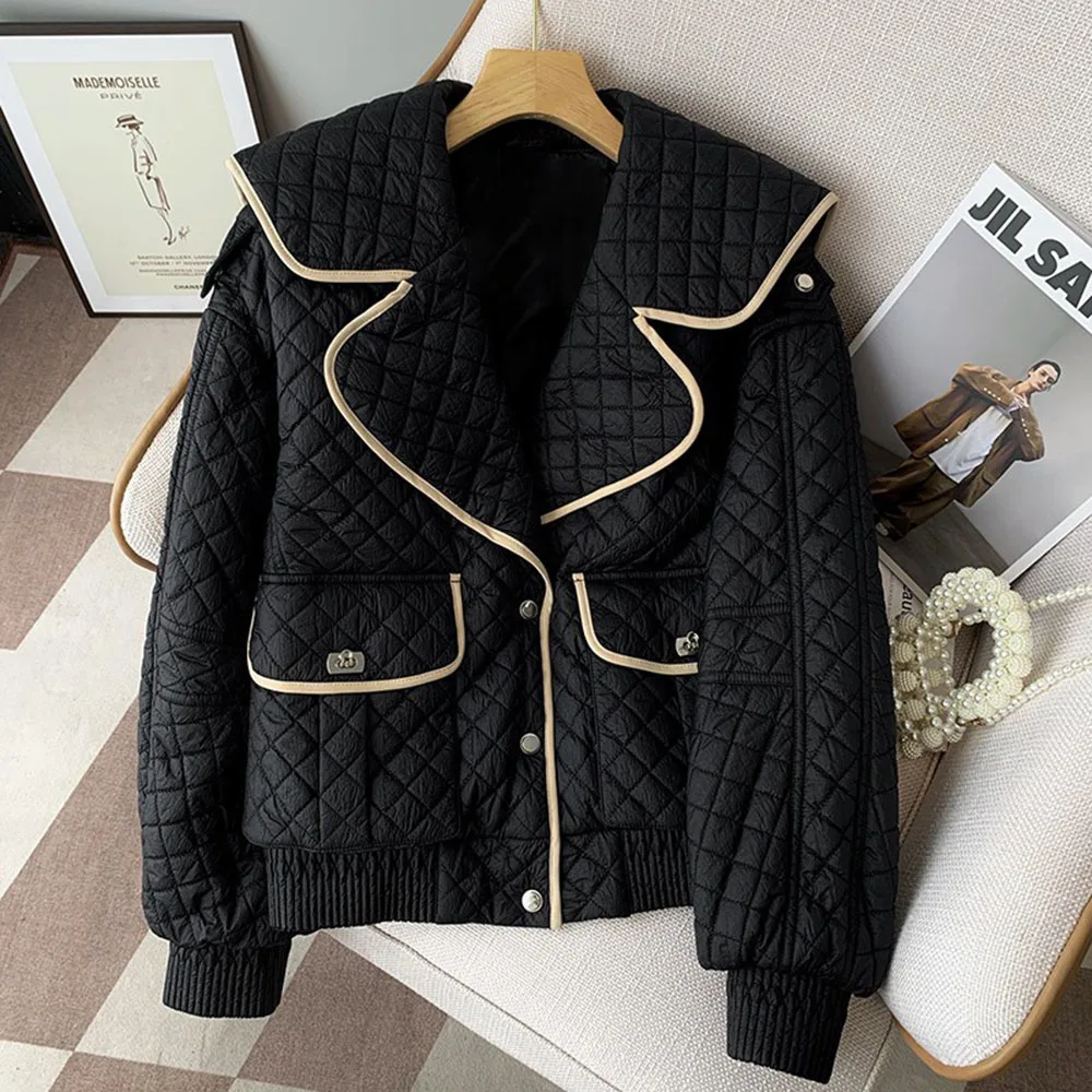 Winter Cotton Padded Jacket Woman Sweet Sailor Collar Coat Fashion Long Sleeve Lightweight Overcoat Female Vintage Plaid Outwear