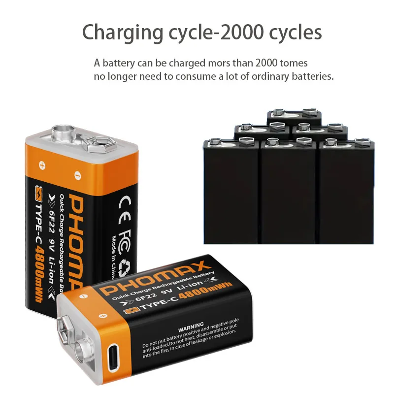 PHOMAX  9 Volt Type C Smart USB Charging Lithium Ion Battery 6F22 Rechargeable 9 Volt Type C Lithium Battery Pack USB