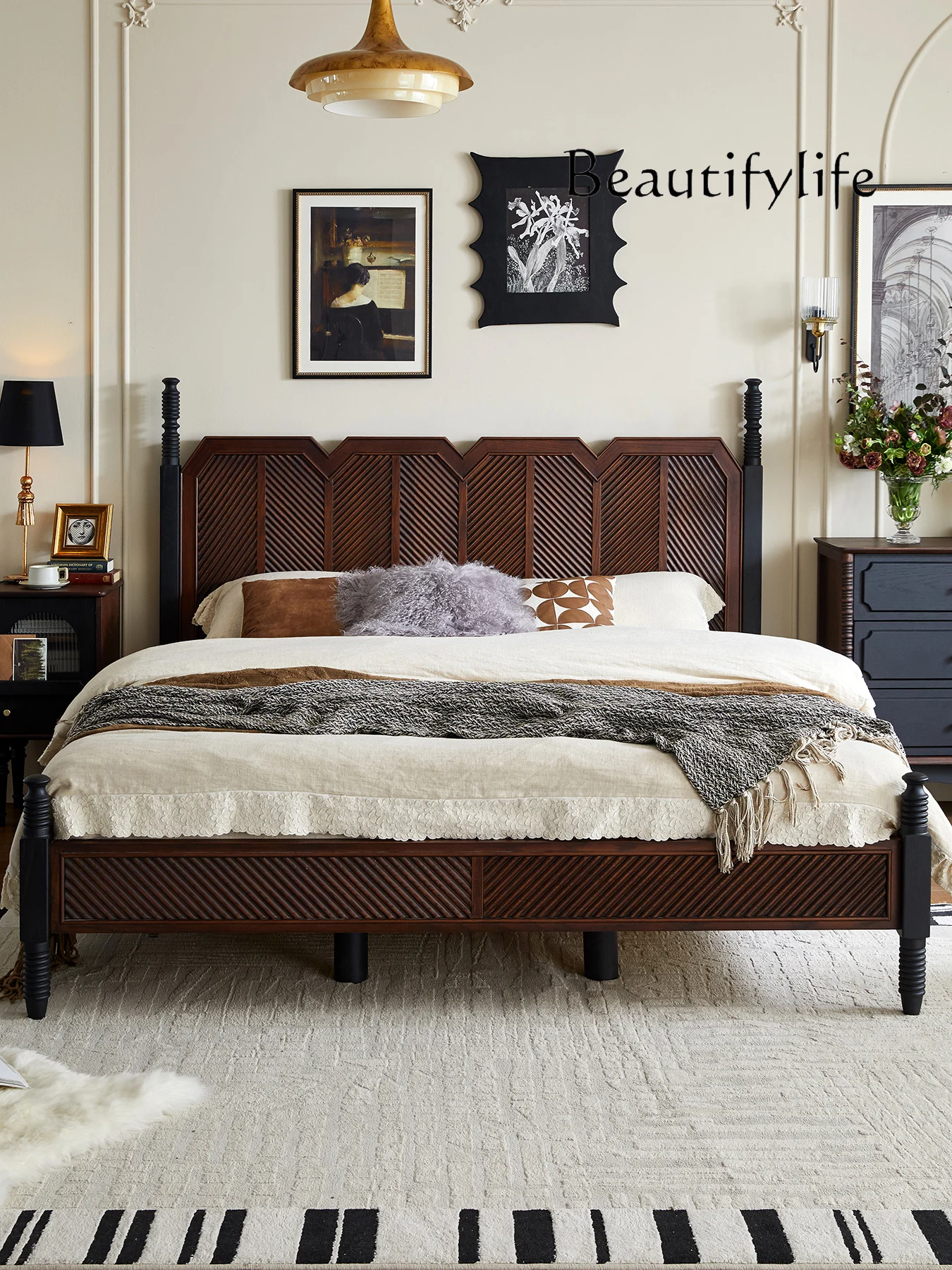 

American-Style Solid Wood High-Grade Carved Bed Bedroom Furniture Master Bedroom 1 M 8 M Double Retro Marriage Bed