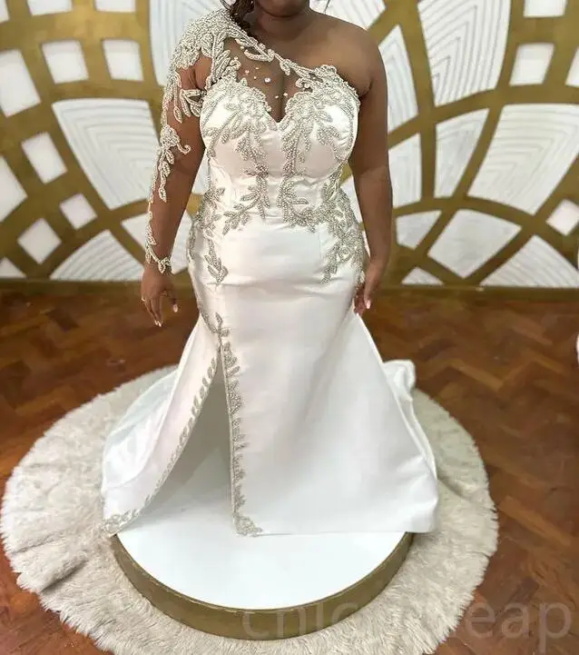 Arabic Aso Ebi One Shoulder Wedding Dresses Lace Crystals Detachable Train Satin black girl mermaid princess Bridal Gowns