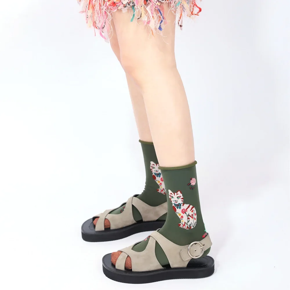 Creative Funny Retro Gothic Animals and Floral Gold Sparkly Socks Women Vintage Cat Cotton Fashion Chic Socks Long Socks Gift
