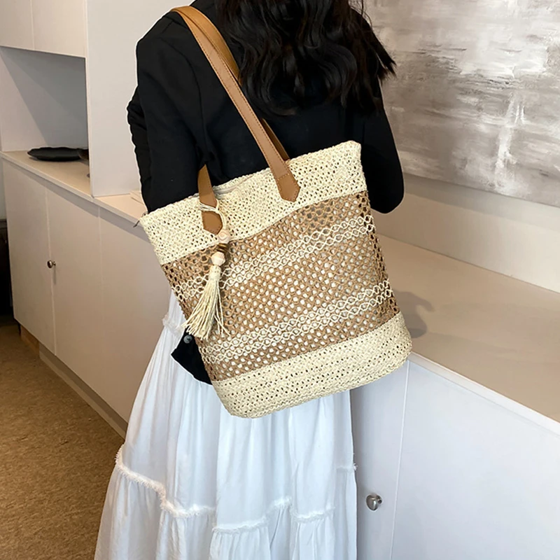 Sommer Stroh Taschen für Frauen Hohe Qualität Rattan Schulter Tasche Reise Handarbeit Gewebt Strand Handtaschen Weibliche Große Kapazität Totes – Detail 4