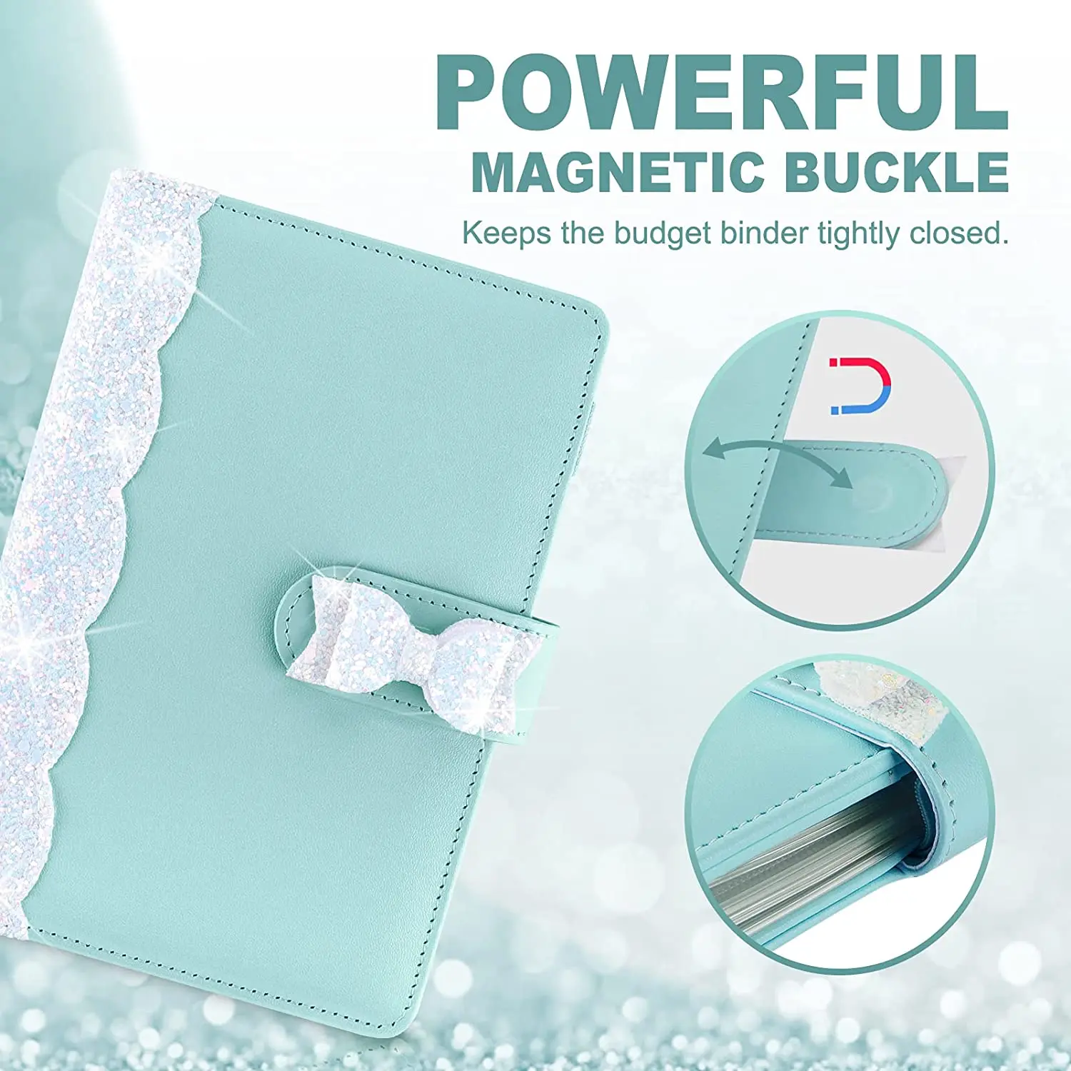 A6 Cute Bow Budget Binder Shiny Leather 6 Ring Mini Binder for A6 Binder with Magnetic Buckle Closure