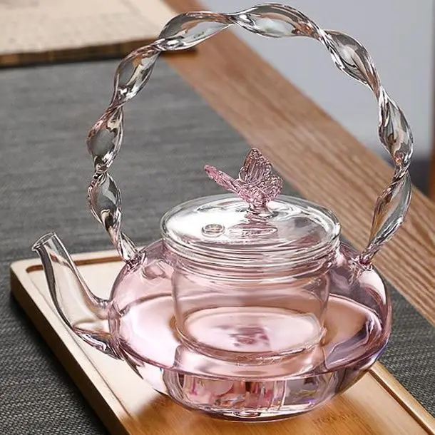700ML Pink Butterfly Glass Coffee Pot Tea Pot Electric Ceramic Stove Glass Tea Pot High Temperature Resistant Tea Pot