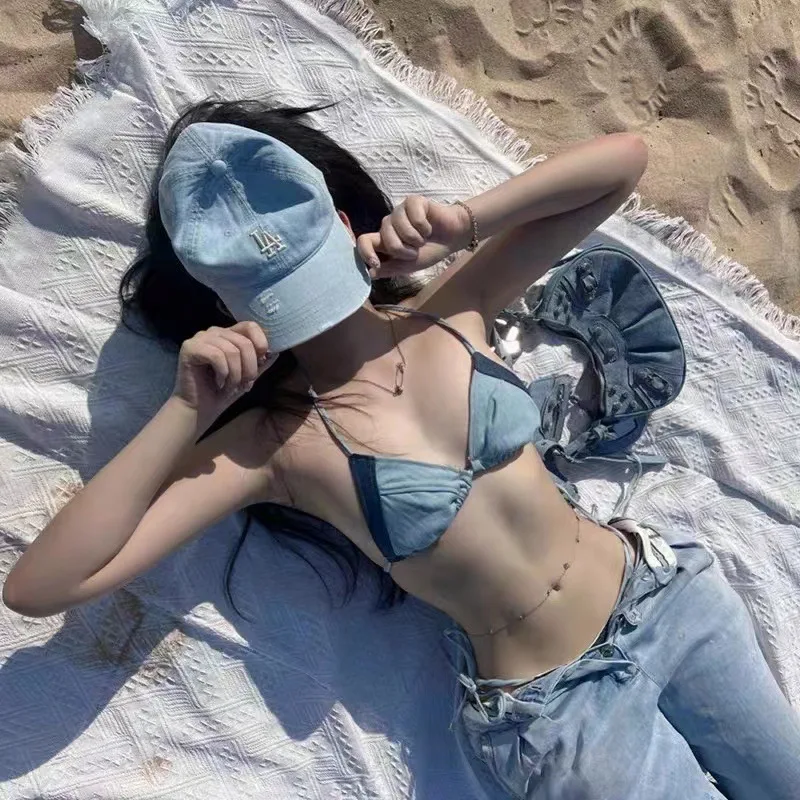 Denim Bikini Neck Strap Holiday Sweet Overalls Swimsuit with High Sense Inside Bathing Suit Women Bikini Set
