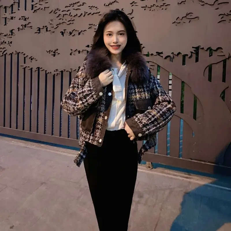 冬用の新しい綿入り厚手のデニムチェックツイードショートトップ、女性用、コート付き、ファッショナブルで高級感がありエレガントです。