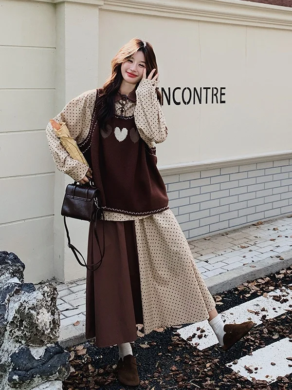 

Ретро-комплект: вязаный жилет в горошек и юбка с завышенной талией для женщин, ранняя весна-осень, модный комплект