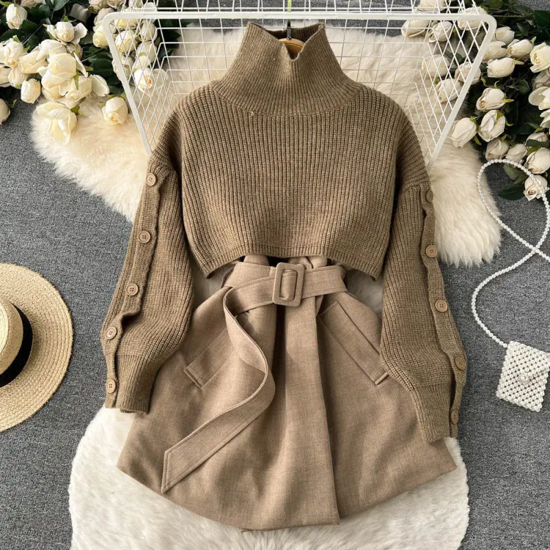 Women Autumn Winter Fashion Short Knit Sweater+Tank Top Suit Skirt 2 Piece Korean Elegant High Neck Pullover Dress Matching Set