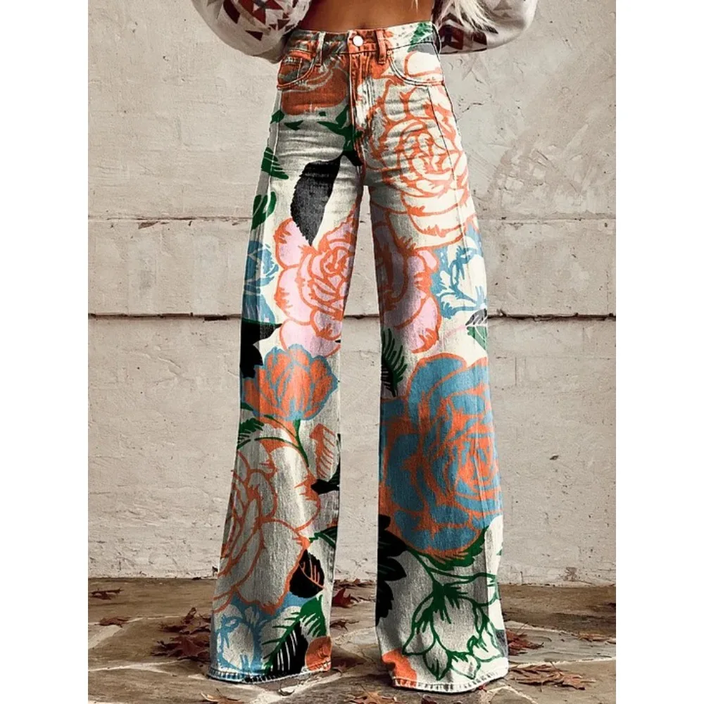 Damen Blaue Orientalische Pflaumenblüten-Druck Hose mit Hoher Taille und Weitem Bein Vintage Blumenmuster Y2K Ästhetik Lose Hose Retro Streetwear – Detail 17