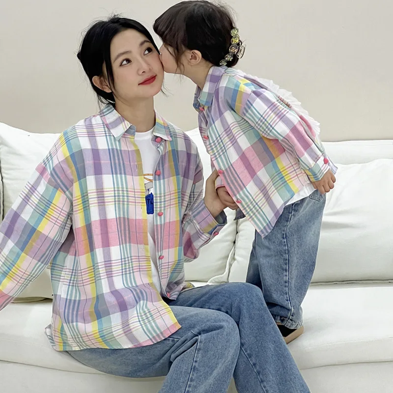 

Mom and Daughter Shirt 2024 Spring New Mother and Baby Girls Plaid Long Sleeve Blouse Mommy and Me Matching Clothes Kids Tops