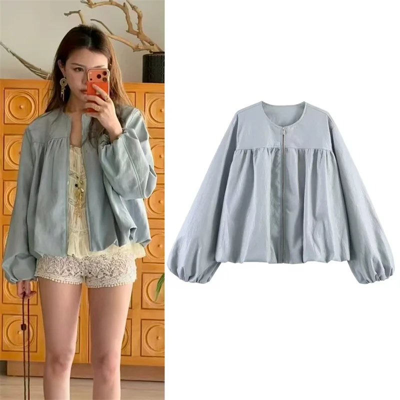 

Women's Jacket 2026 Summer New Style Light Blue Long Sleeve Faux Leather Balloon Fit Jacket Casual Fashion Versatile
