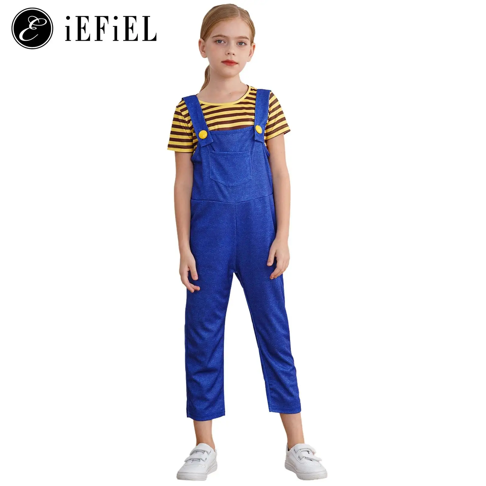 

Unisex Boys Girls Cartoon Little Follower Costume Stripes T-shirt And Overall Set Cute Yellow And Blue Jumpsuits