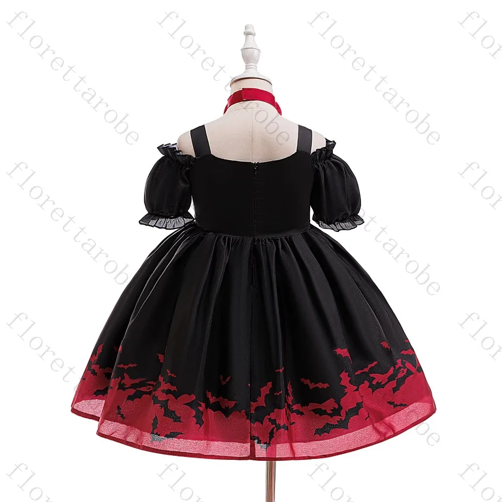 Customized Black Red Halloween Girl Dress A Line Short Off Shoulder Puff Sleeve Satin Tulle Bat Print Bow Kids Princess Gown