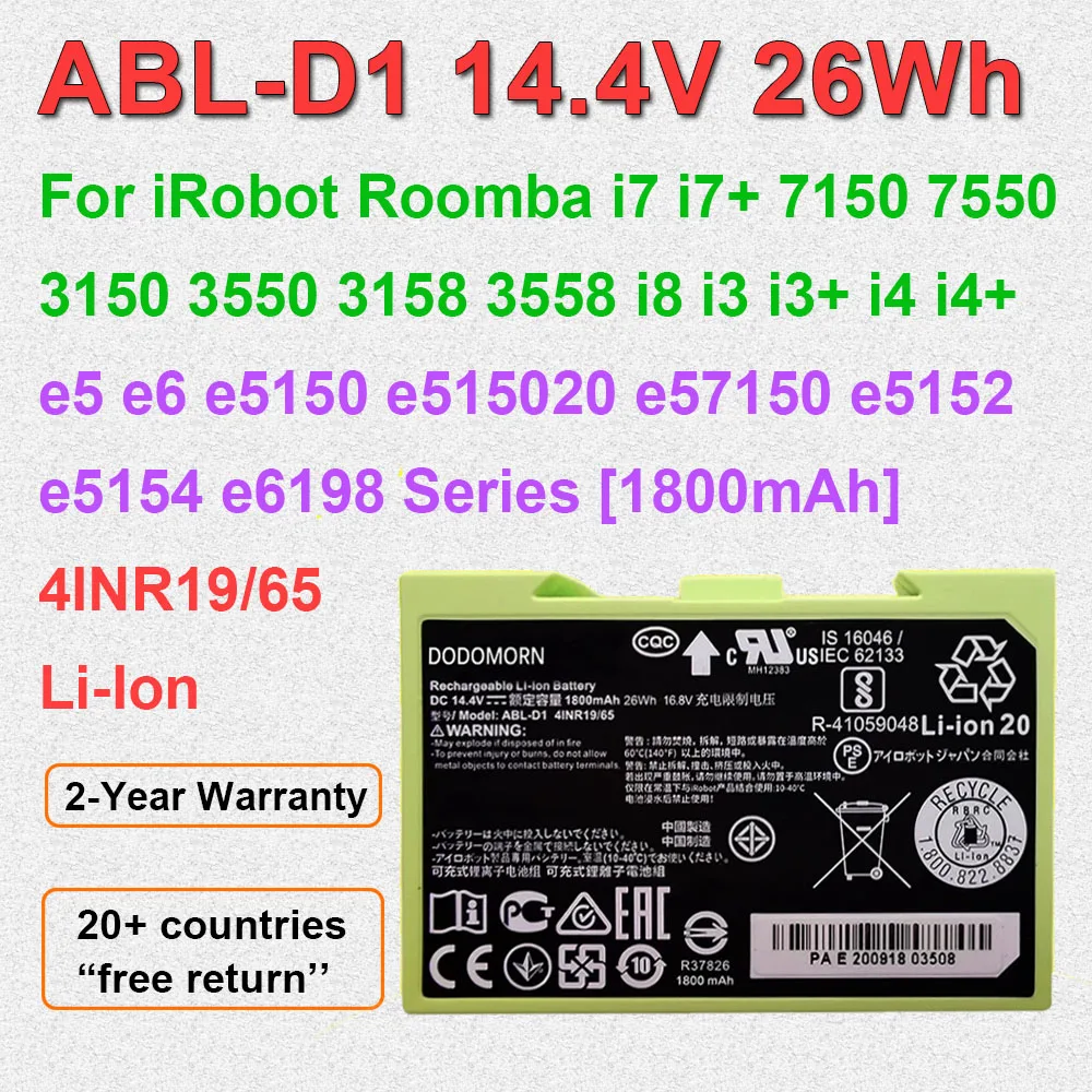 14.4V 1800mAh ABL-D1 Battery For iRobot Roomba i7 i7+ i8 e5 e6 7150 5150 e5150 e5152 e5154 e5158 i3 i3+ i4 i4+ Vacuum Cleaner