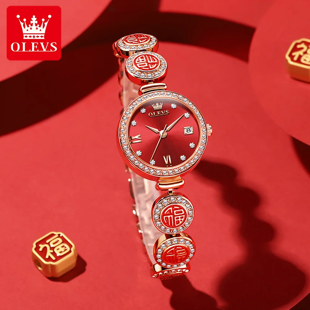 

OLEVS Women's Watches Luxury Fashion Rose Gold Blessing Strap Zircon Bezel Original Quartz Wristwatch Waterproof Luminous Date