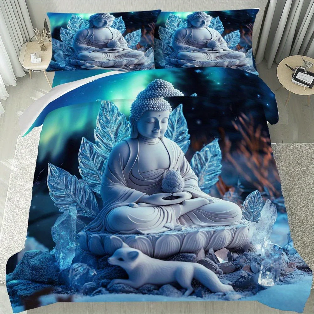 

Lifesmells 2/3pcs Buddha Ice Leaves Pattern Duvet Cover Set Tranquil Winter Scene Bed Cover Set Elegant Bedding Set