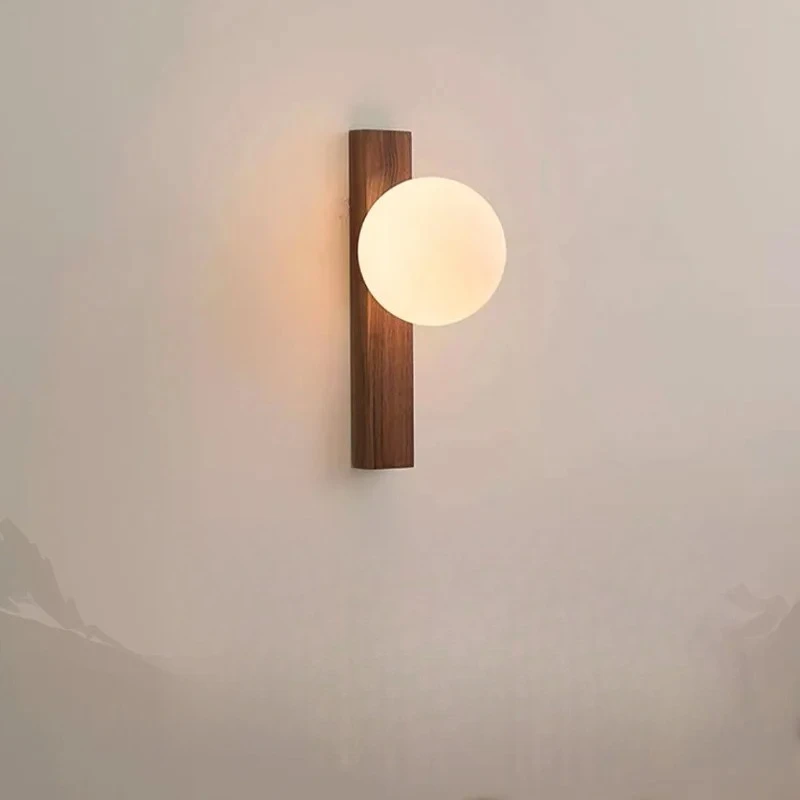 Walnut Wood Milk white Glass Sphere, Modern style, Wall light Sconces for Bedroom, Living, Aisle balcony, Bedside
