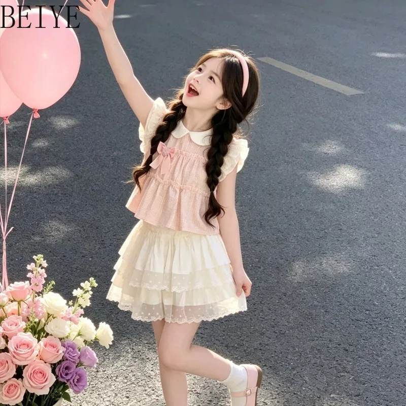 Summer Fashion Style Suit for Girls New Design Sweet Children's Pink Two Piece Set Japanese Style Flying Sleeve Lace Outfits
