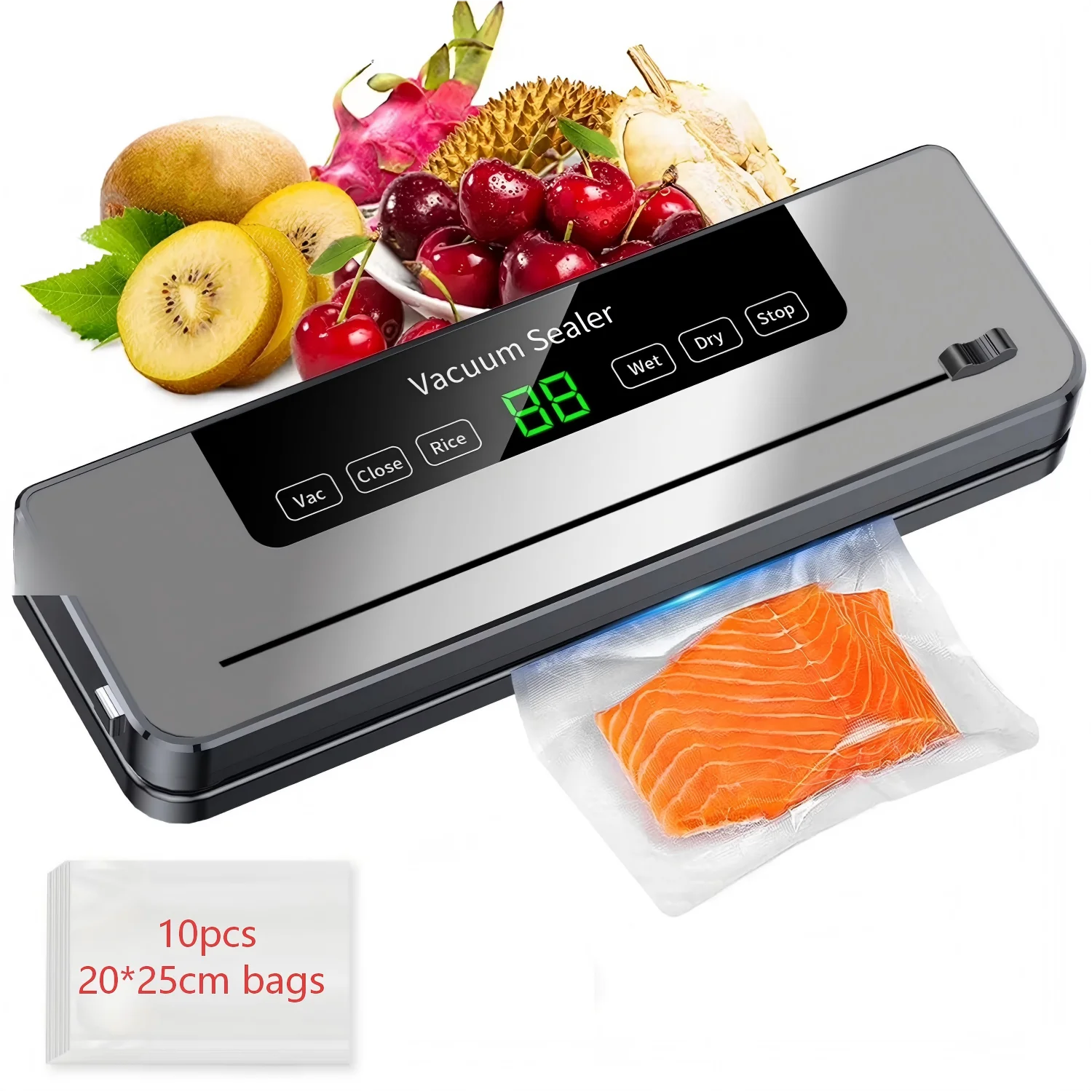Vacuum Sealing Machine with 10 Bags Built-in Cutter Automatic Food Sealer Machine for Food Led Indicator Lights Dry & Moist Food