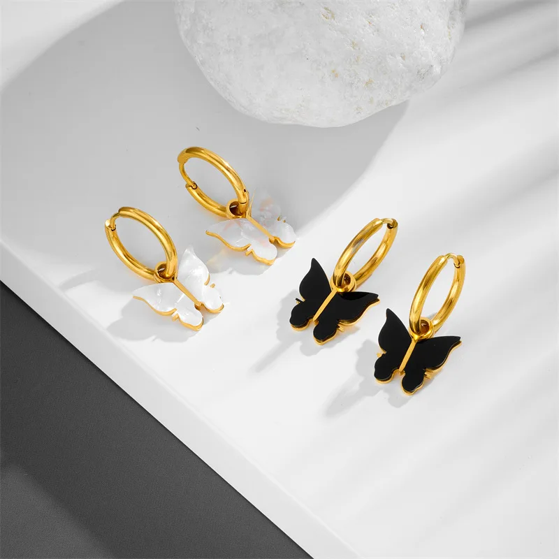 Black and White Butterfly Titanium Steel Drop Earrings with Enamel 18K Gold Plated Waterproof Low Allergy Jewelry for Women Gift