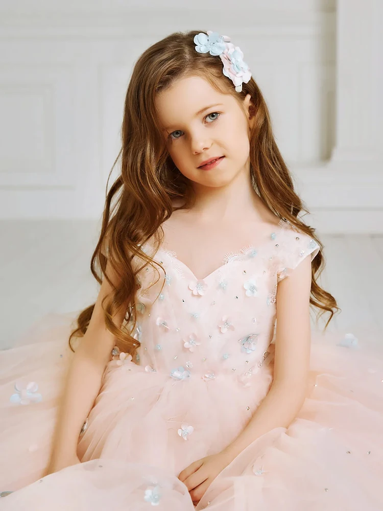 

Pink lovely Flower Girl dress tulle appliques elegant long skirt formal occasion prom wedding party birthday gala evening gown