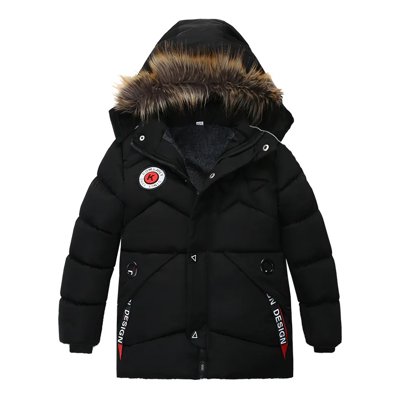 

Winter New Boys Jacket Solid Color Lining Plush Thick Keep Warm Hooded Fur Collar Outerwear For 3-10 Years Teen Kids Down Coats