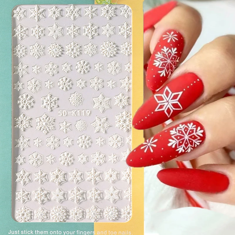 Christmas 5D Embossed White Snowflakes Nail Stickers New Year Winter Xmas Snow Nail Art Decals Self-adhesive Decor Sliders Y#7RK