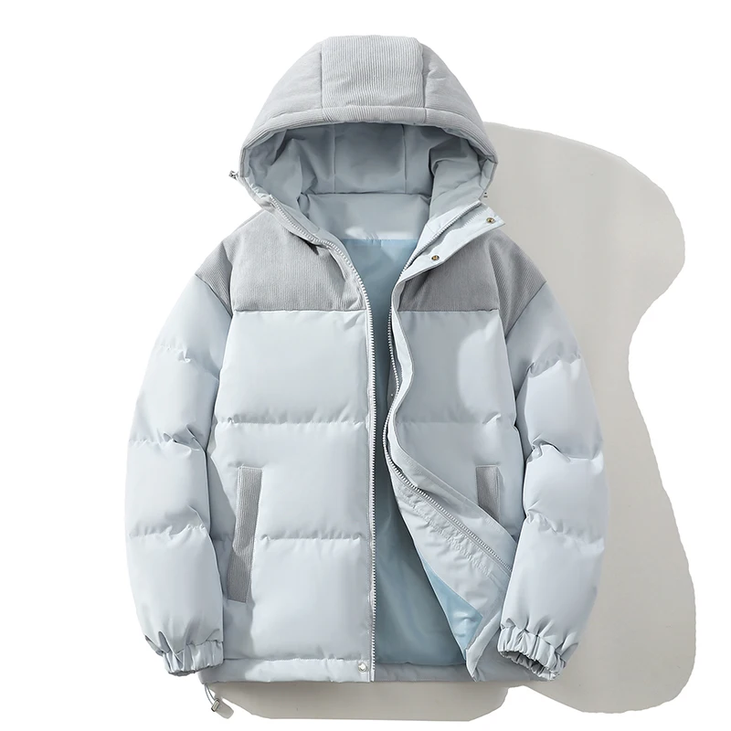 

2025 Autumn Winter Women and Men‘s Corduroy Patchwork Short Down Jacket Unisex Hooded 50% Down Fill Thickened Puffer Coat