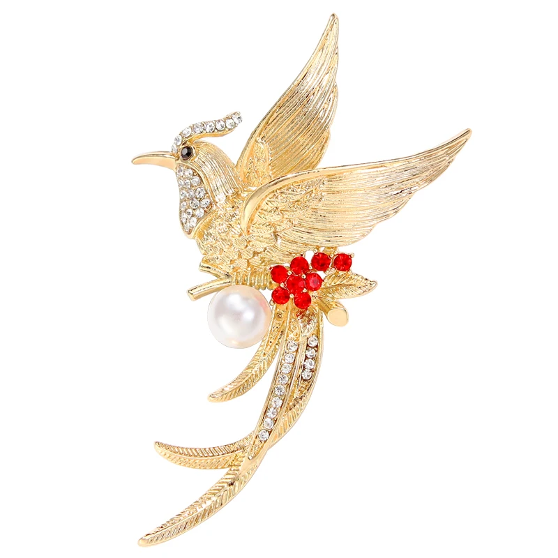 Classic Matte Phoenix Pearl Brooches Women Men Beautiful Flying Long Tail Birds Party Wedding Animal Vintage Pins Accessories