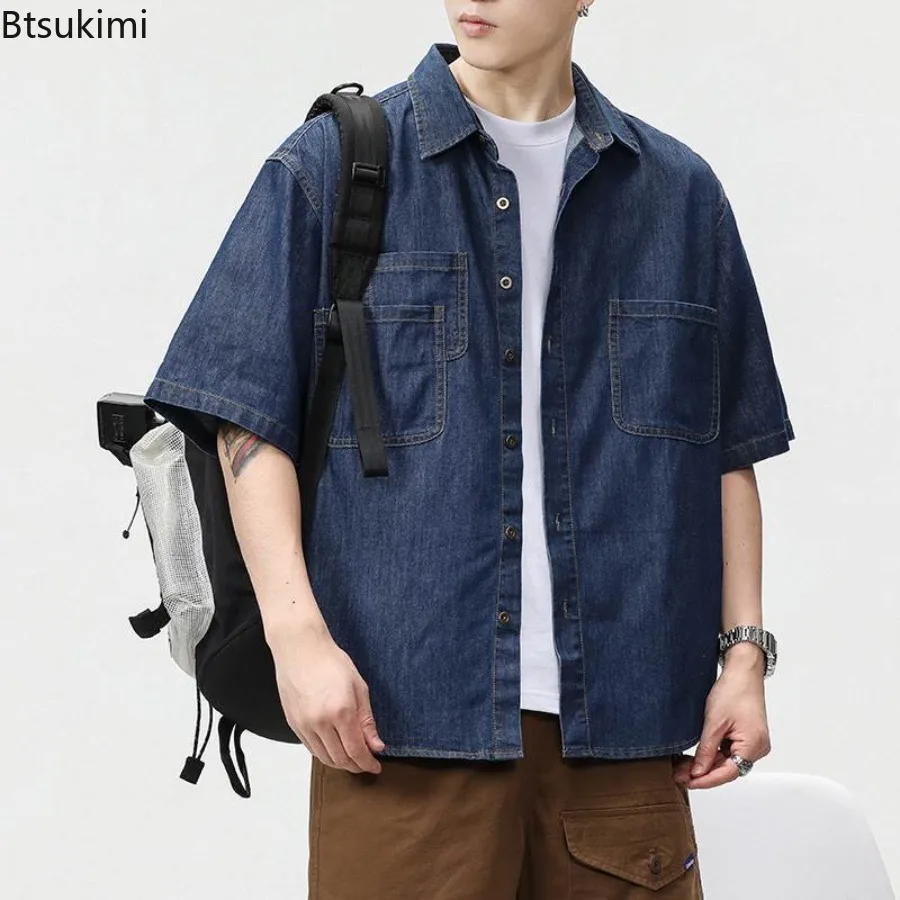 Summer New Men's Vintage Cargo Shirts Loose Casual Lapel Short Sleeve Shirt Jacket Single Breasted Cardigan Tops Male Jean Coats