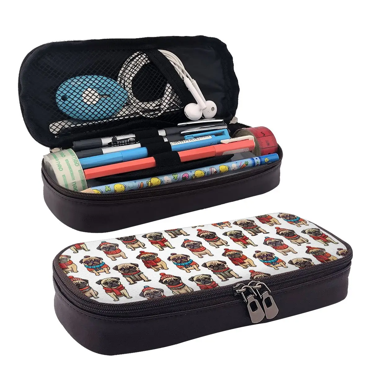 Dog Sherpa Cute Pug Dog Animal Theme Leather Pencil Case for Kids Gifts Pen Box Pencil Bag Stationery Supplies