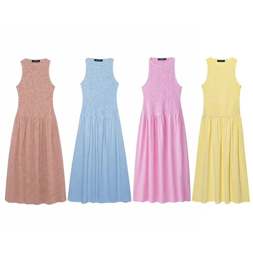 2025 Vestido midi largo recto a cuadros elegante sin mangas con cuello redondo para mujer Ropa femenina informal