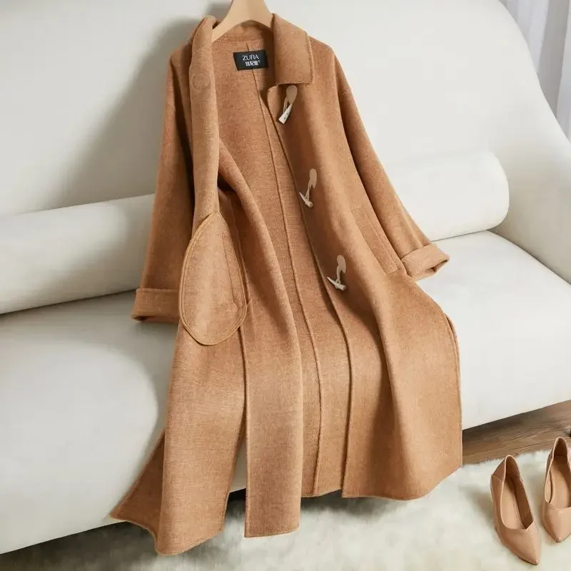 Women Reversible Cashmere Coat Female Long Below The Knee Horn Button Solid Color Woolen Outcoat Casual Versatile Outerwear