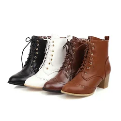 Fashion Brogue Carved Brown Balck White Lace Up High Heel Combat Biker Ankle Boots for Women Booties Woman Shoes 43