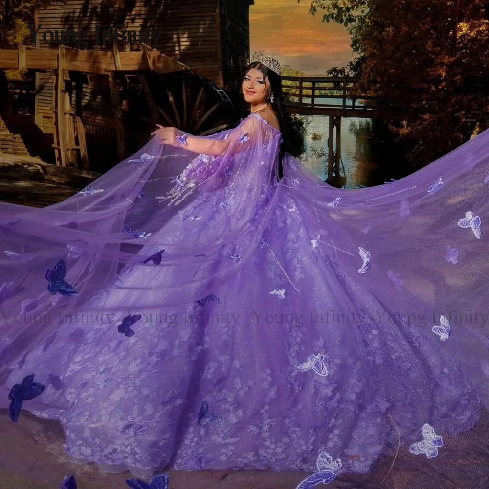 Lavanda-Vestidos De lujo De princesa para quinceañera, apliques De mariposa con capa, hombros descubiertos, corsé, 15 Años, 2024