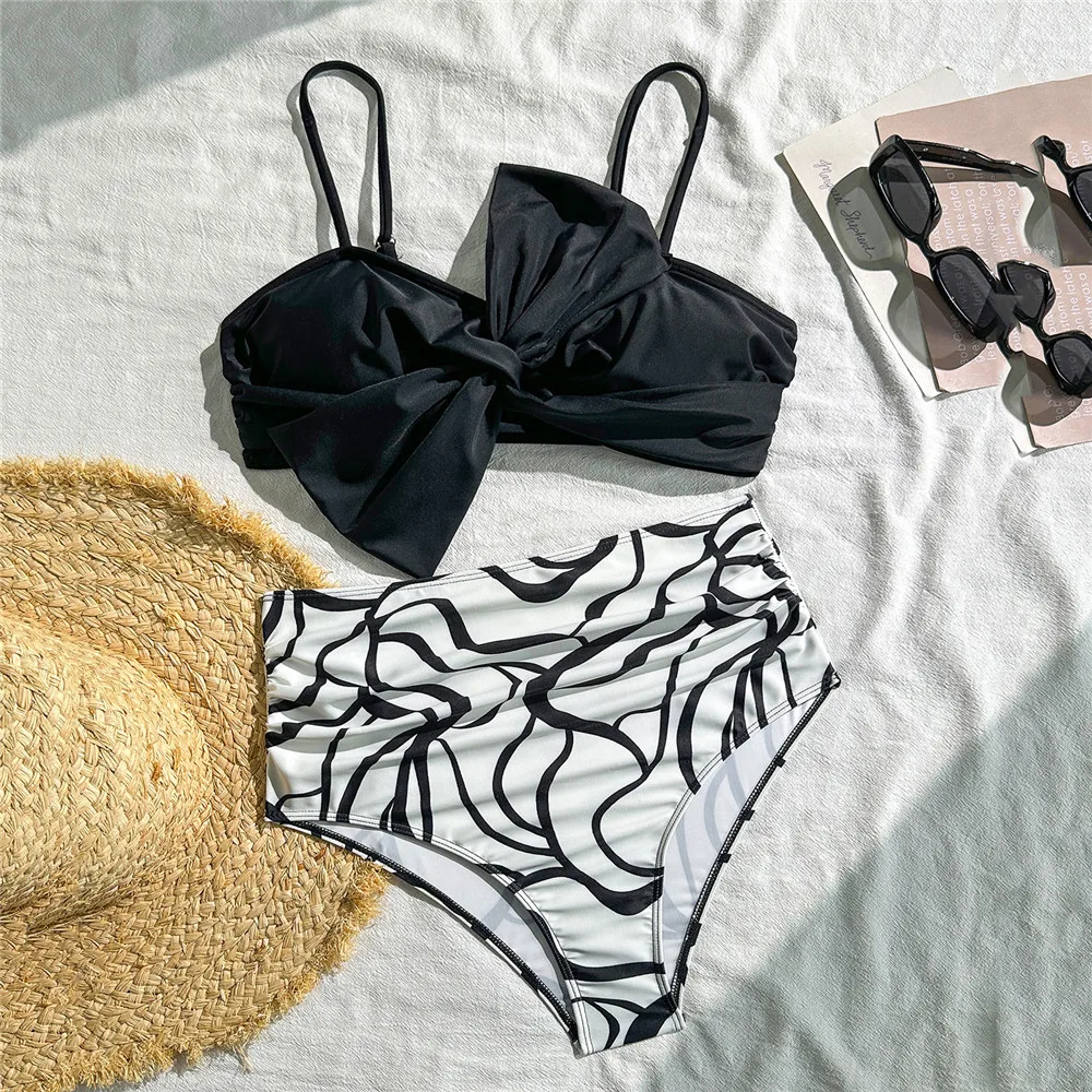 Sexy Black Front Big Bow Knotted Swimwear High Waist Bikinis Sets Wave Print Swimsuit Woman 2026 Ruched Bather Bikini Mujer