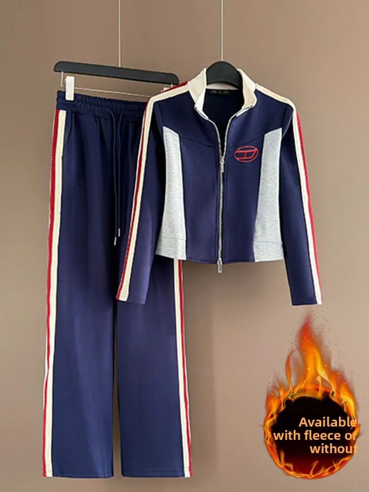 

Элитный повседневный спортивный костюм: женский зимний модный комплект из двух предметов — флисовая куртка с защитой от старения и широкие брюки