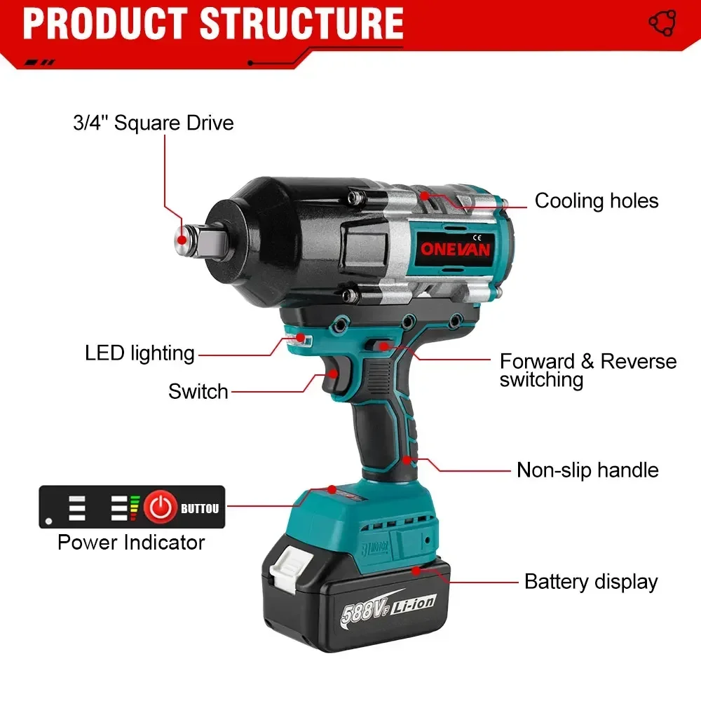 ONEVAN 3100N.M Brushless Electric Impact Wrench 3/4 inch Cordless Torque Wrench Lithium-Ion Battery Tool For Makita 18v Battery