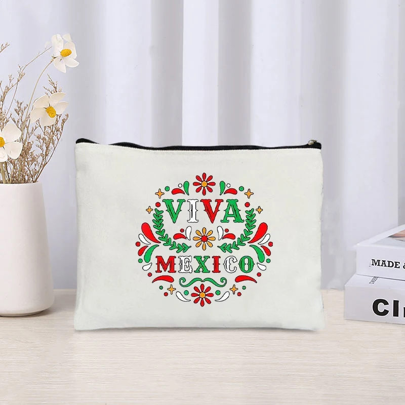 Independencia De Mexico Cosmetic Bag New Hispanic Heritage Month Canvas Zipper Storage Pouch Wallet Office Supplies Pencil Case