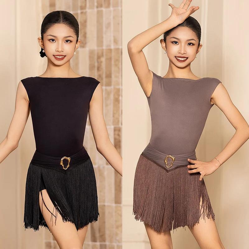 

2025 New Kids Latin Dance Clothes Girls Practice Performance Dresses Sleeveless Leotards Fringe Skirt Brown Black Dress BL15889