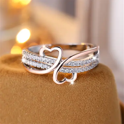 Two Tone Rose Gold Silver Color Double Heart Rings For Women White Zircon Ins Infinity Wedding Bands Bridal Engagement Jewelry